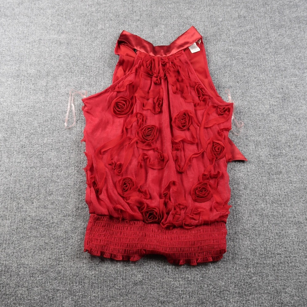 Soulmates Blouse Womens Small Red Sleeveless Floral Rose Appliqué Textured Top